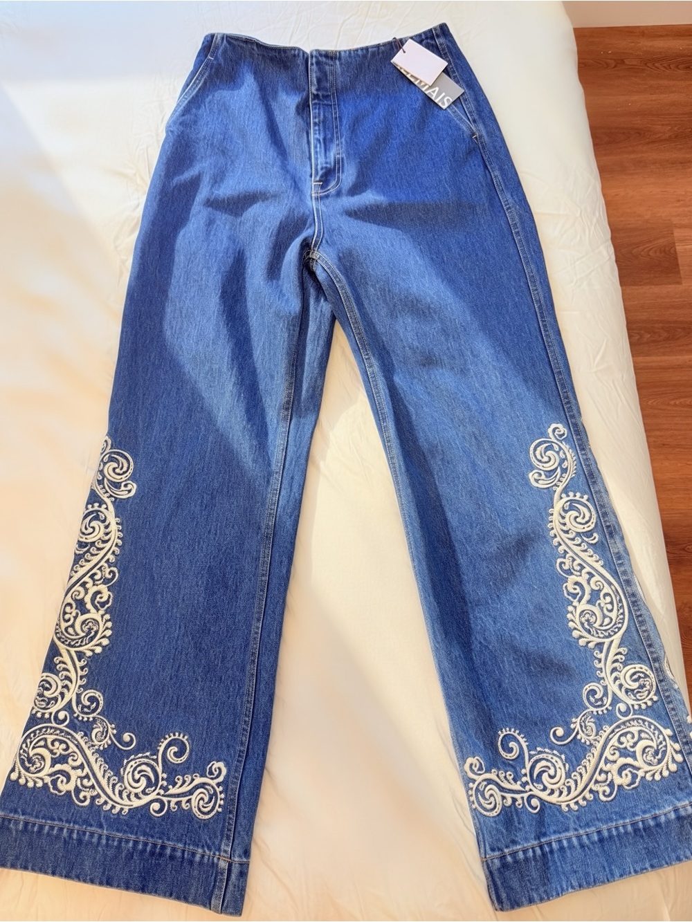 Alemais Indigo Denim Wide-Leg Jeans with White Embroidered Hem - NWT
